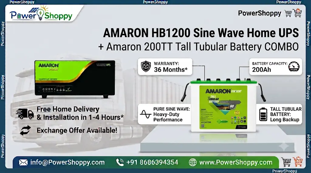 AMARON HB1200 SINE WAVE HOME UPS WITH AMARON TALL TUBULAR 200AH BATTERY COMBO