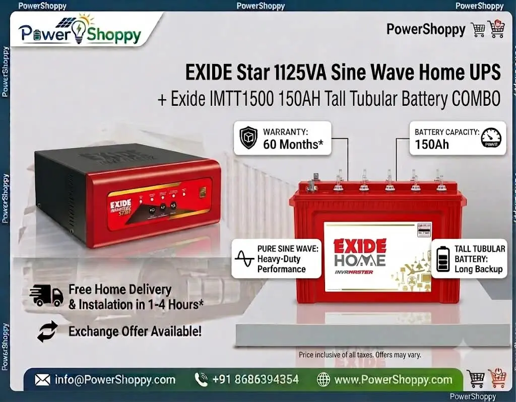 EXIDE STAR 1125VA SINE WAVE HOME UPS + EXIDE IMTT 1500 150AH TT BATTERY